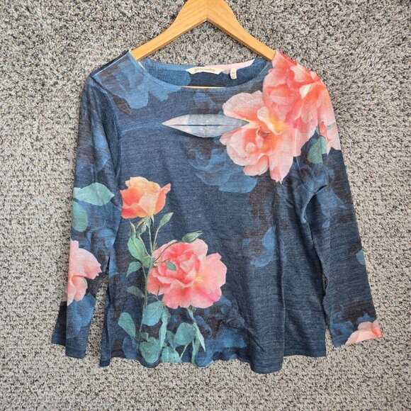 Soft Surroundings Top Womens PM Petite Medium Knit Blue Pink Cutout Chest Ladies - Picture 1 of 7